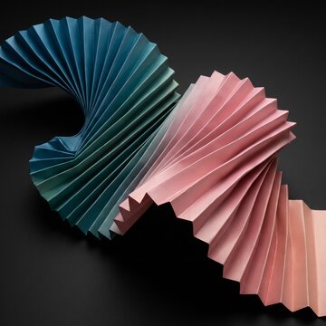 Minimalist pleated paper sculpture, abstract blue and pink origami art, geometric folded paper wave on black background
