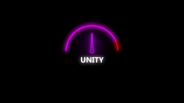Futuristic Neon Glowing UNITY Gauge Speedometer Interface Loop, High Performance Fuel Meter, Power Level Dashboard HUD Graphic Animation Isolated on Black Background for Technology and Gaming