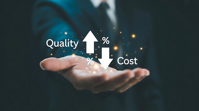 A business person in a suit holding a glowing digital interface showing a increase arrow and a cost decrease arrow with percentage symbols