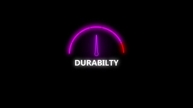 Futuristic Neon Durability Gauge Speedometer Interface Loop, Glowing Purple Strength Meter, High Performance Level Dashboard HUD Graphic Animation Isolated on Black Background for Tech and Cyber UI