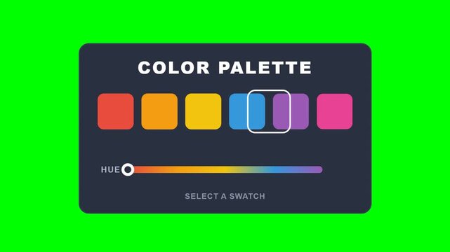 Color palette selection interface with moving hue slider on green screen