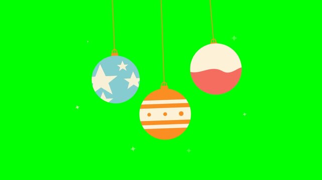 Colorful hanging holiday ornaments animation on green screen background