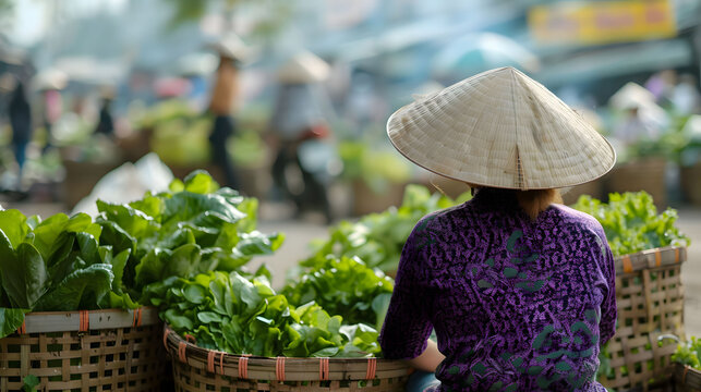 Vietnamese woman in traditional non la hat selling fresh greens at street market