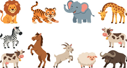 Obraz premium Cute cartoon safari and farm animals vector collection featuring lion tiger elephant giraffe horse cow and sheep