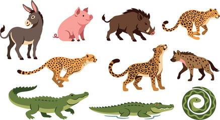 Obraz premium Cute cartoon animals vector illustration set featuring wild safari predators big cats reptiles farm mammals and exotic wildlife