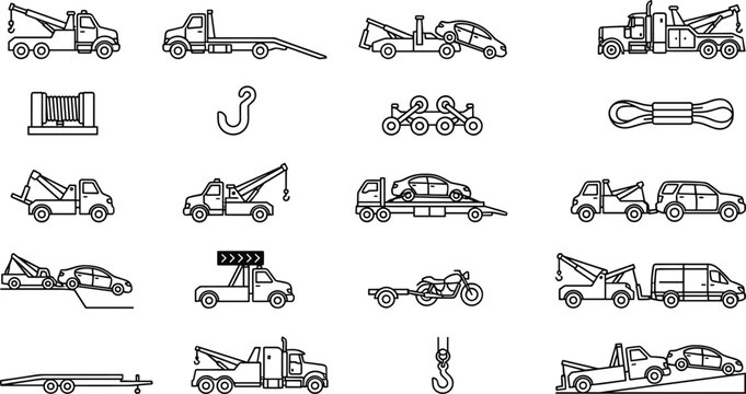 Tow truck and roadside assistance icon set showing car recovery services flatbed carriers wreckers towing equipment hooks trailers and vehicle transport linear vectors