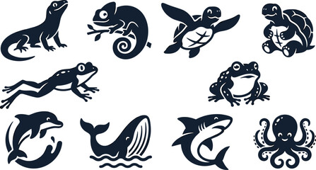 Obraz premium Marine animals and reptiles vector silhouette icon set featuring sea life creatures amphibians lizards and ocean wildlife symbols