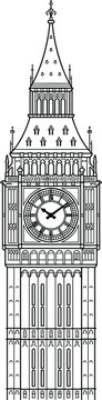 London Big Ben clock tower line vector drawing featuring the historic Westminster palace landmark isolated on white background