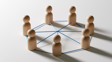 Obraz premium Wooden peg dolls connected by blue thread forming a network on a white surface. Business networking and team collaboration concept.