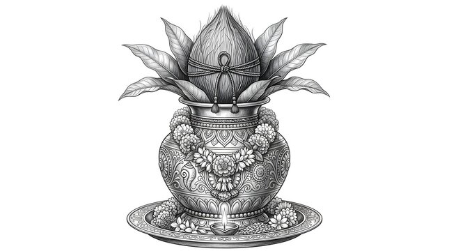 Traditional indian kalash with coconut and mango leaves for puja