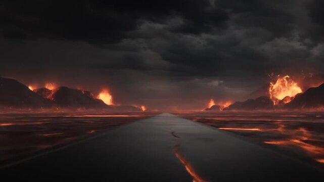 Ominous landscape with a long, dark road amidst volcanic eruptions and a stormy sky, symbolizing destruction and danger.