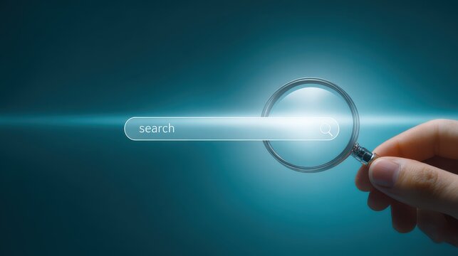 A hand holds a magnifying glass over a digital search bar on a teal background. Data research concept for modern internet browsing.