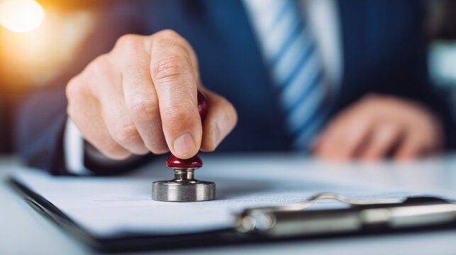 Close-up of a businessman using a metal stamp on an official document on a clipboard. Perfect for legal validation and notary service promotions.