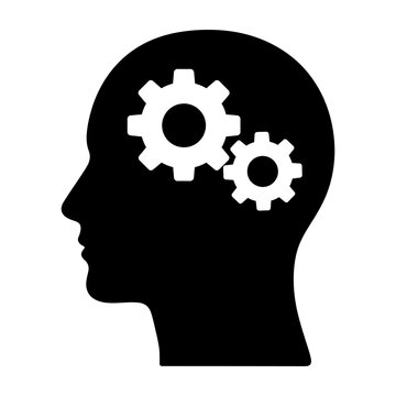 Silhouette human head featuring two interlocking gears inside to symbolize thinking, innovation, or problem-solving.
