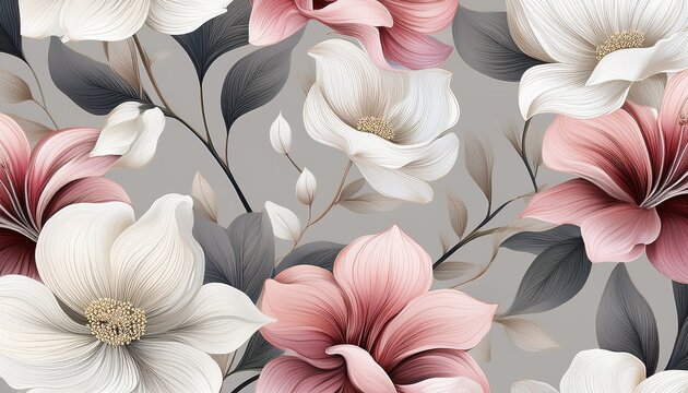 a seamless pattern of delicate pink white and gray flowers on a light gray background