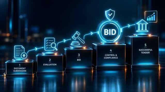Glowing futuristic five step business bidding process tender evaluation and document submission successful strategy concept