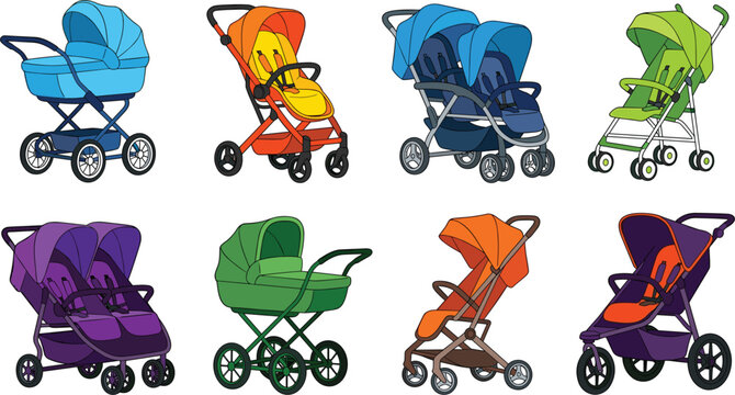 Vector baby stroller and pram cartoon illustration set containing single jogger double tandem and newborn carriage collection