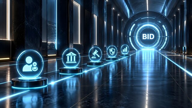 Futuristic digital corridor displaying business bid auction process with glowing law and finance hologram icons on reflective floor