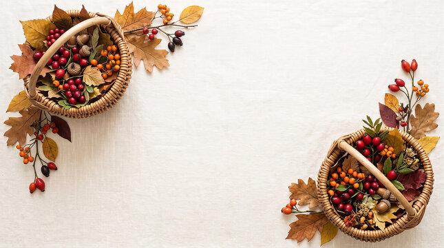 Autumn border frame with two wicker baskets filled with berries and fall leaves on light linen background.