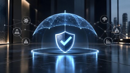 Fototapeta na wymiar Glowing digital umbrella shielding a checkmark from various business risks and cyber threats concept of corporate insurance and cybersecurity