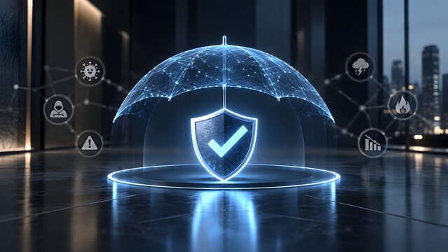 Glowing digital umbrella shielding a checkmark from various business risks and cyber threats concept of corporate insurance and cybersecurity