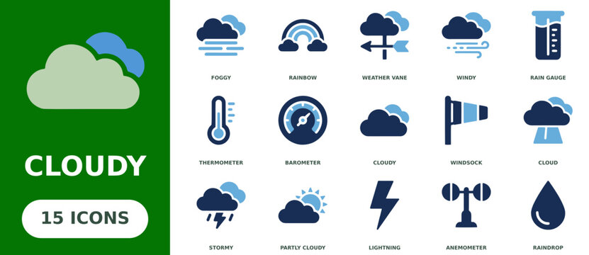 Weather Icons Set with Cloud, Rain, Sun, and Wind Symbols. Meteorological Design Elements for Weather Apps and Forecasts.