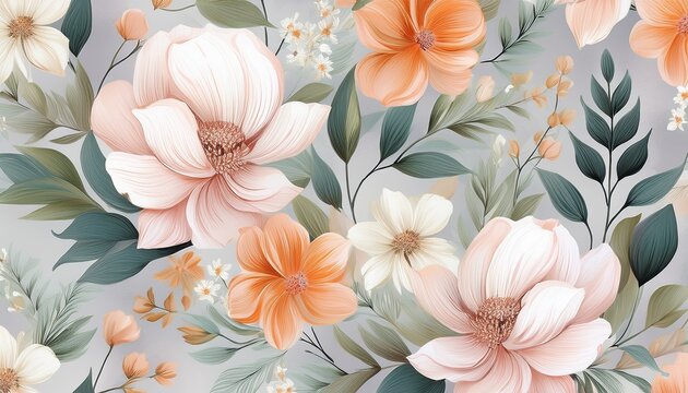 a delicate floral pattern with pale pink white and orange flowers and foliage on a light grey background