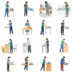 Fototapeta premium Comprehensive collection of flat vector illustrations depicting parents and caregivers teaching young children basic math and counting skills using wooden abacuses on a clean white background.