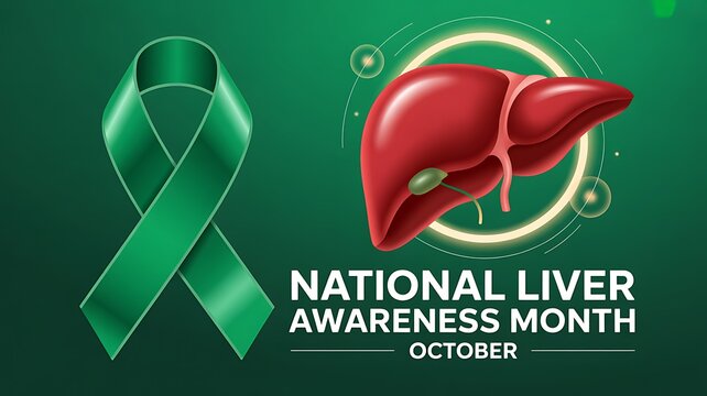 National liver awareness month green ribbon with human liver