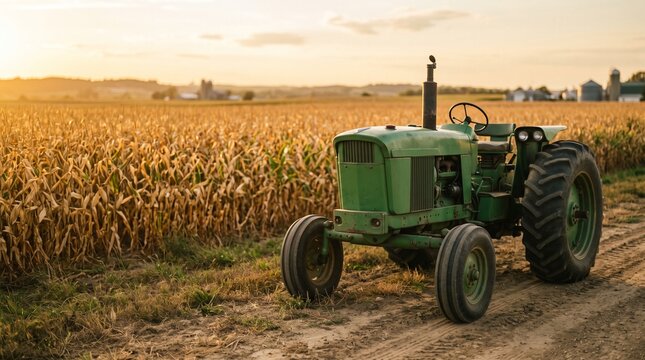Vintage green farm tractor parked along a dirt path beside a mature golden cornfield at sunset, representing agricultural machinery, farm equipment, and rural harvest