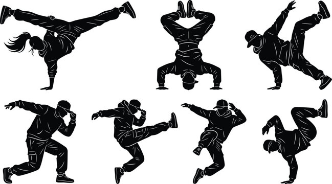 Vector breakdancing street dance black silhouette icon set containing dancers posing handstand freeze power moves hip hop character collection