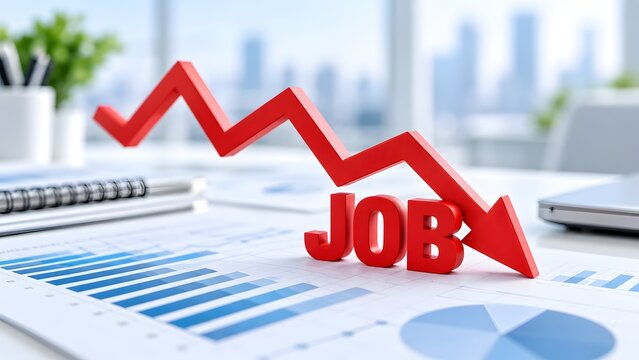 3d red downward arrow crashing onto job text over financial charts in modern office concept of unemployment and economic recession