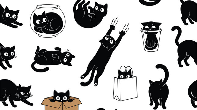 Vector cute black cat cartoon pattern set containing funny kitten characters scratching hiding in box bag and fishbowl seamless collection
