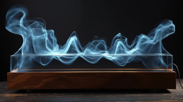 Illuminated blue wavy vapor patterns in a modern transparent display on a wooden base, abstract scientific concept.