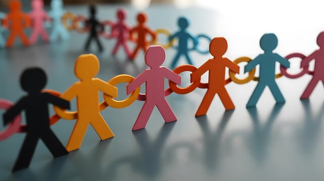 Colorful paper human figures linked together in a chain representing teamwork and unity on a smooth surface for business and social collaboration