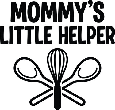 Mommy's Little Helper typography vector, kitchen whisk and wooden spoons illustration, black baking quote for kids apparel and nursery decor