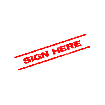 Red rubber stamp impression with the text sign here placed between two diagonal lines for document signing