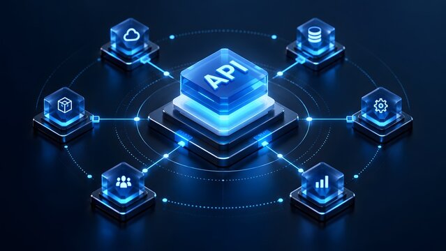 Glowing blue API block connected to various digital service icons representing application programming interface integration and cloud computing