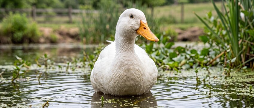 A serene white duck gracefully swims in a tranquil pond surrounded by lush green aquatic plants and soft natural outdoor lighting conditions