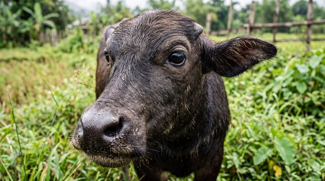 A young water buffalo calf standing in a lush green rural agricultural field during the daytime in a natural countryside setting