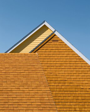 Overlapping gables with orange shingles and pale yellow trim under a clear blue sky, featuring granular textures for roof maintenance and property inspection