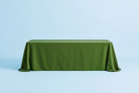 Rectangular display table with a smooth green cloth draped over it, set against a bright blue background with copy space for product mockup