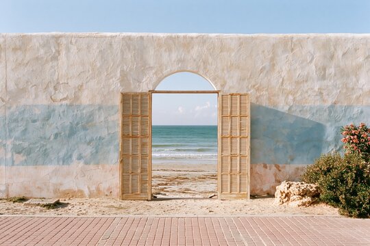 Louvered wooden doors set in a textured plaster wall, opening to a serene beach view with copy space for hospitality advertising