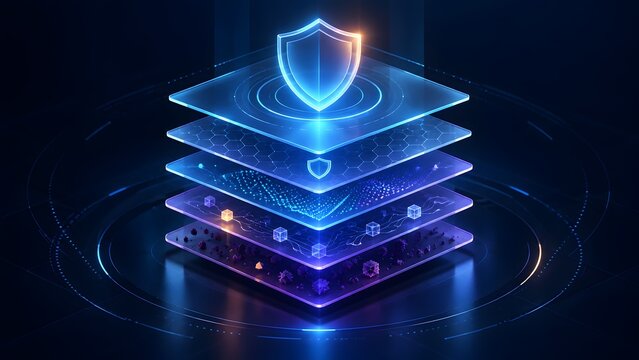Multi layered cybersecurity defense concept with glowing blue shield hologram protecting complex data networks and digital infrastructure