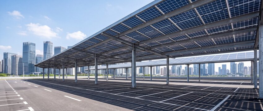 Modern Sustainable Solar Panel Canopy Installed Over Urban Parking Lot With Clean Renewable Energy Infrastructure In City Skyline View