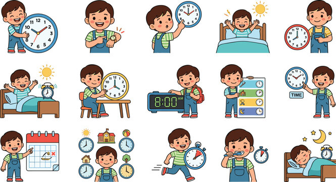 Cute cartoon boy time management and daily routine schedule element bundle with clocks calendar alarm clock and sleeping vector illustration pac