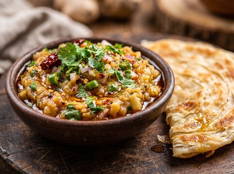 Traditional spicy mashed potato bhorta served with crispy flaky paratha flatbread in a clay bowl depicting authentic South Asian spicy street food dinner