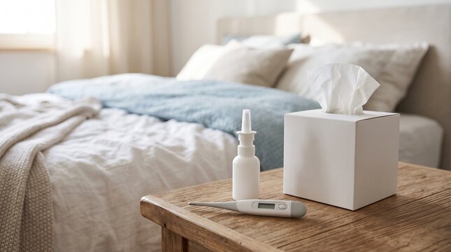 Digital thermometer, nasal spray, and tissue box on wooden nightstand near a cozy bed representing home healthcare, seasonal flu treatment, and recovery