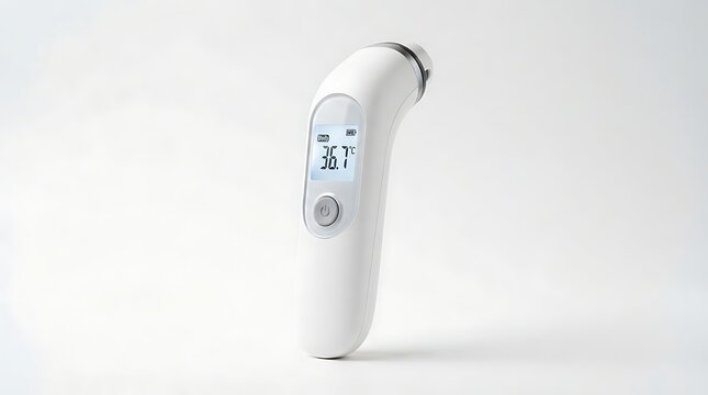 White digital infrared thermometer on a plain background