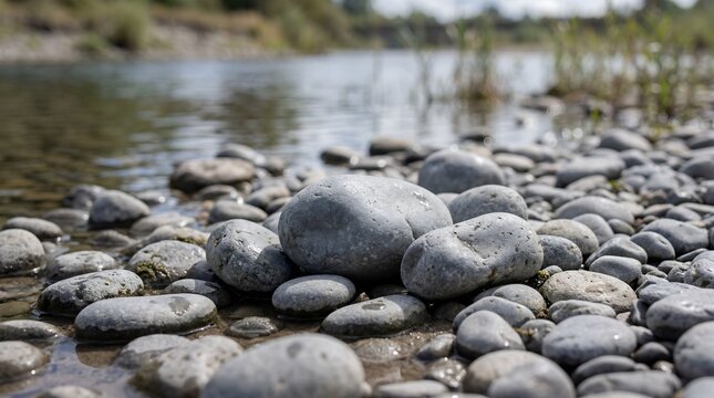 Smooth river pebbles resting on a wet shoreline near flowing water